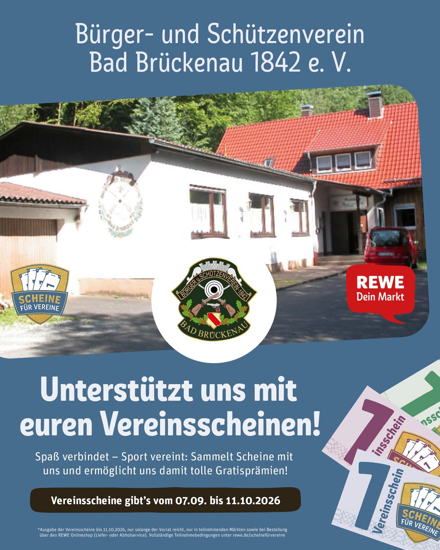 Scheine für Vereine – Unterstützt den Bürger- und Schützenverein Bad Brückenau 1842 e.V. mit euren Vereinsscheinen. Vereinsscheine gibt's vom 07.09. bis 11.10.2026.